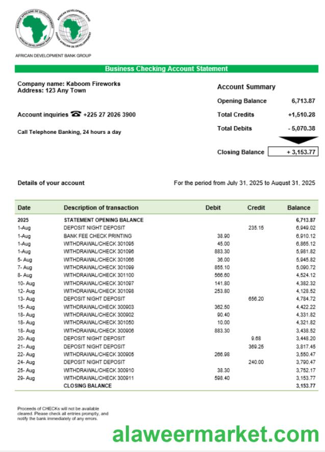 African Development business bank statement Word and PDF format